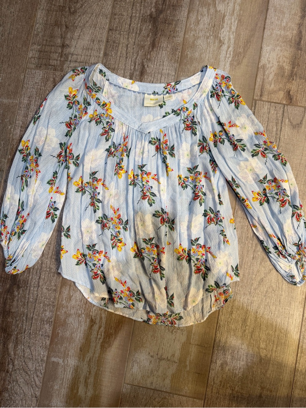 Anthropologie Light Blue Floral Peasant Top
